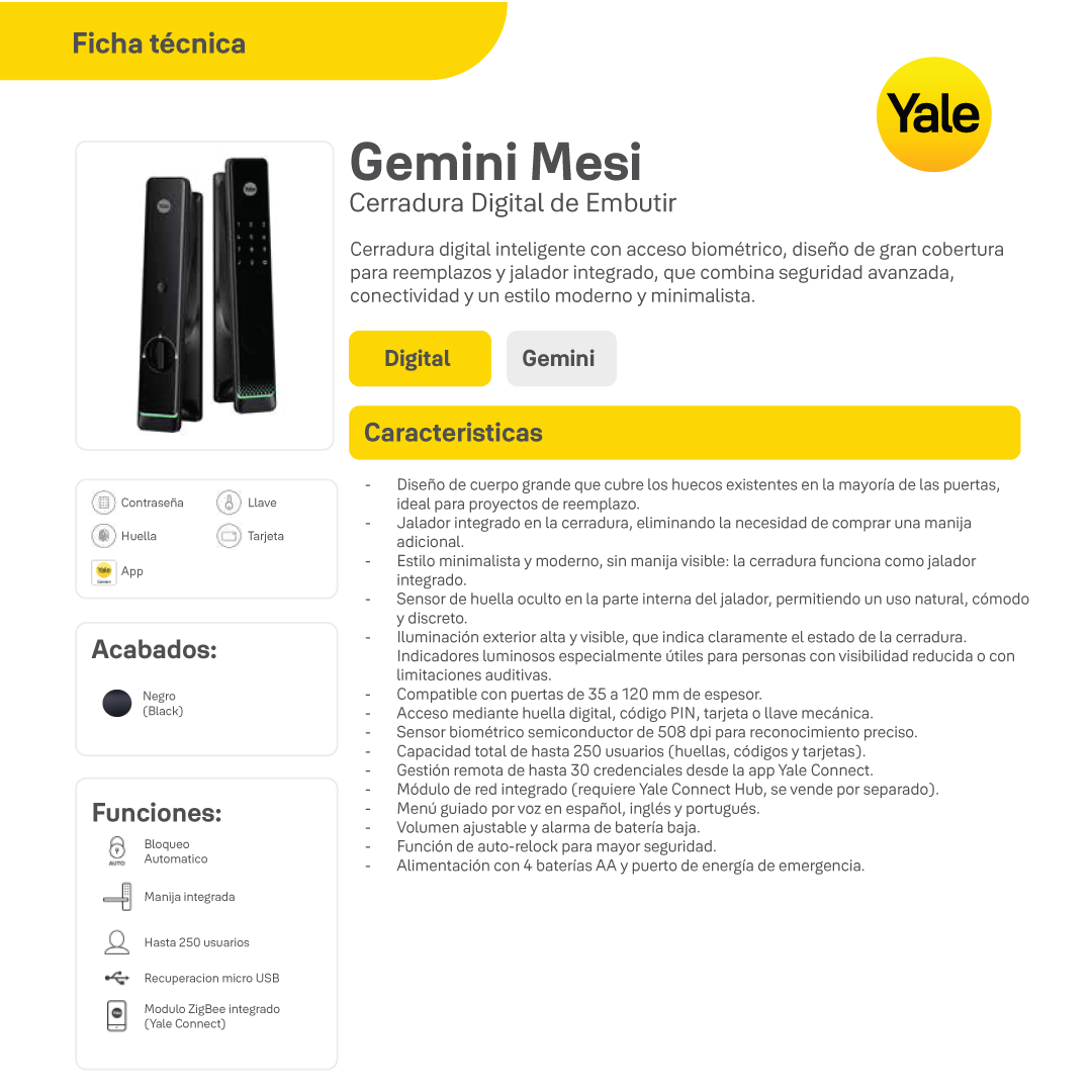 Cerradura Digital de Embutir Gemini + kit yale connect