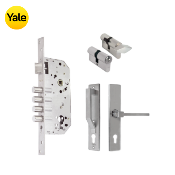 Kit Cerradura de Embutir 4 bulones + Manija Turín con Escudo y Jaladera + Cilindro Llave - Mariposa (llave de sierra)