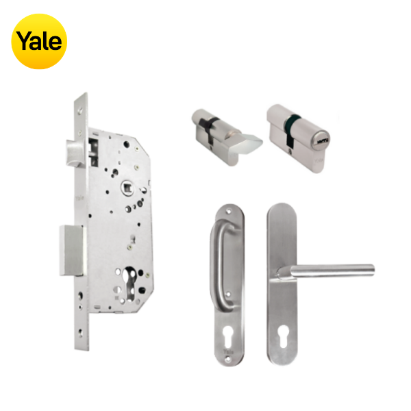 Kit Cerradura de Embutir 50mm + Manija Milán con Escudo y Jaladera + Cilindro Llave - Mariposa (llave plana)