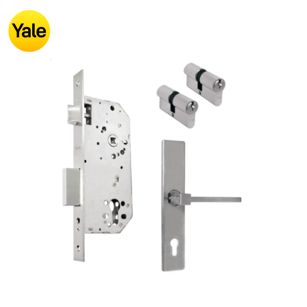 Kit Cerradura de Embutir 50mm + Manija Turín con Escudo + Cilindro Llave - Llave (llave de sierra)