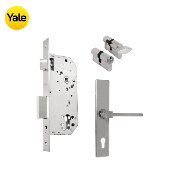 Kit Cerradura de Embutir 50mm + Manija Turín con Escudo + Cilindro Llave - Mariposa (llave de sierra)