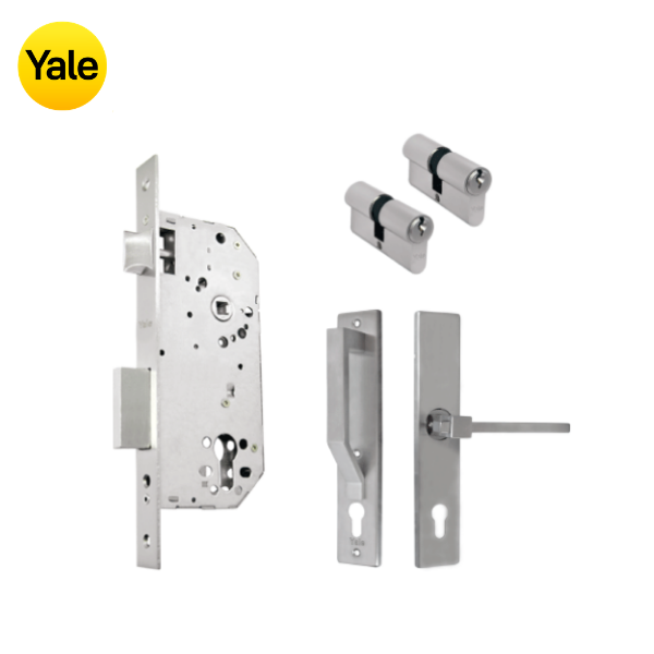 Kit Cerradura de Embutir 50mm + Manija Turín con Escudo y Jaladera + Cilindro Llave - Llave (llave de sierra)