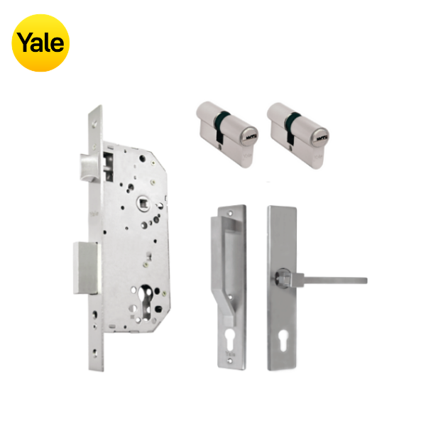 Kit Cerradura de Embutir 50mm + Manija Turín con Escudo y Jaladera + Cilindro Llave - Llave (llave plana)