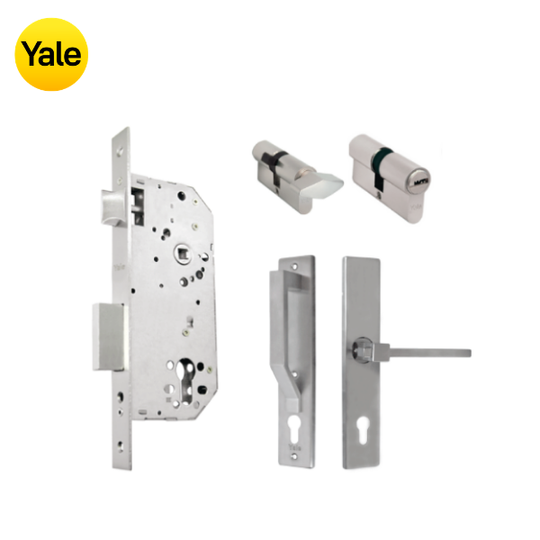 Kit Cerradura de Embutir 50mm + Manija Turín con Escudo y Jaladera + Cilindro Llave - Mariposa (llave plana)