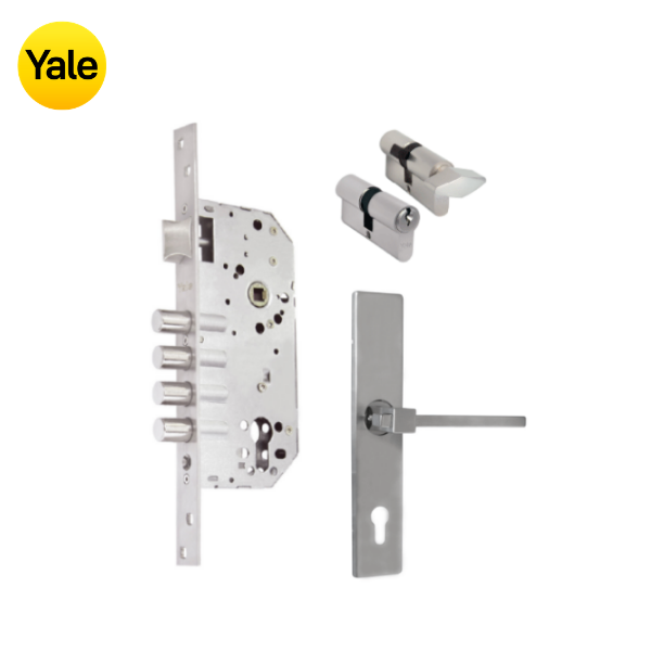 Kit Cerradura de Embutir 4 bulones + Manija Turín con Escudo + Cilindro Llave - Mariposa (llave de sierra)