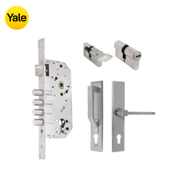 Kit Cerradura de Embutir 4 bulones + Manija Turín con Escudo y Jaladera + Cilindro Llave - Mariposa (llave plana)