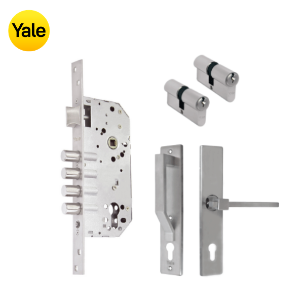 Kit Cerradura de Embutir 4 bulones + Manija Turín con Escudo y Jaladera + Cilindro Llave - Llave (llave de sierra)