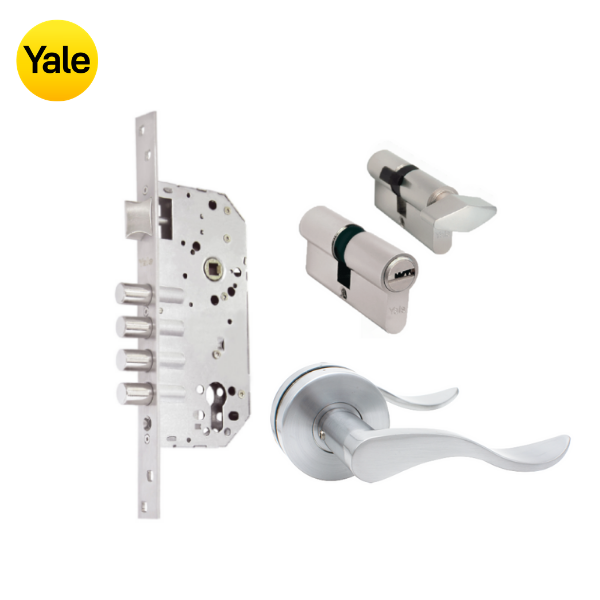 Kit Cerradura de Embutir 4 bulones + Manija Aston + Cilindro Llave - Mariposa (llave plana)