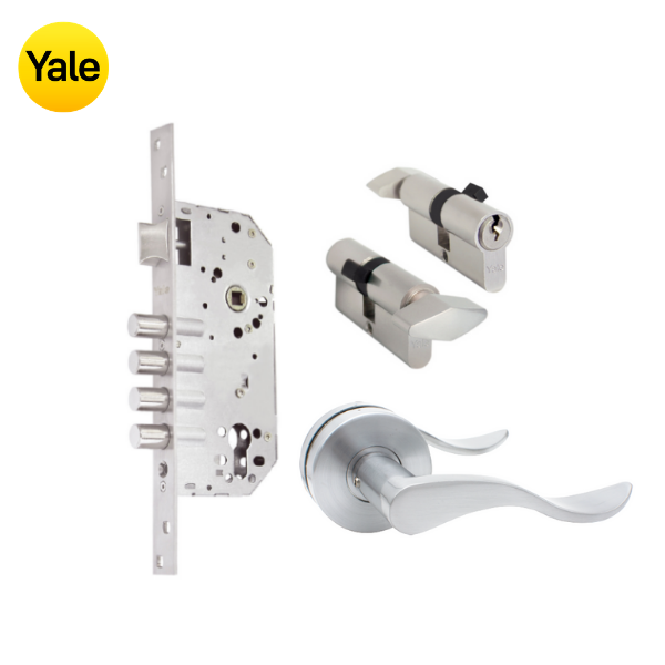 Kit Cerradura de Embutir 4 bulones + Manija Aston + Cilindro Llave - Mariposa (llave de sierra)