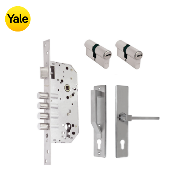 Kit Cerradura de Embutir 4 bulones + Manija Turín con Escudo y Jaladera + Cilindro Llave - Llave (llave plana)