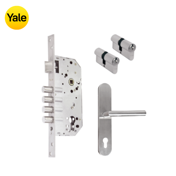 Kit Cerradura de Embutir 4 bulones + Manija Milán con Escudo + Cilindro Llave - Llave (llave de sierra)