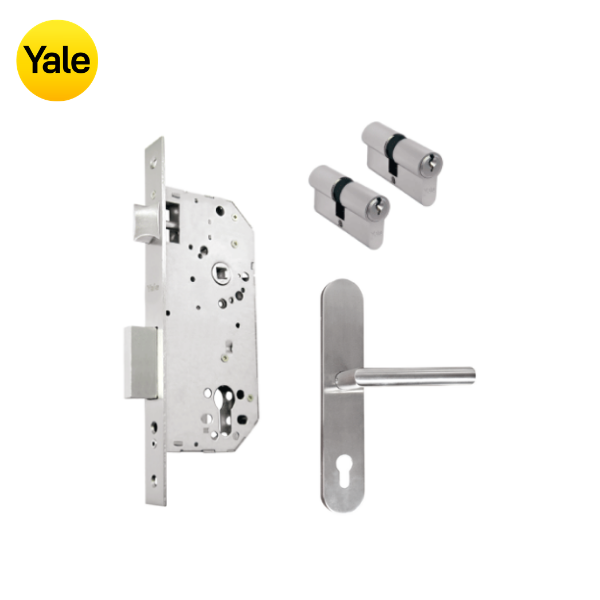 Kit Cerradura de Embutir 50mm + Manija Milán con Escudo + Cilindro Llave - Llave (llave de sierra)