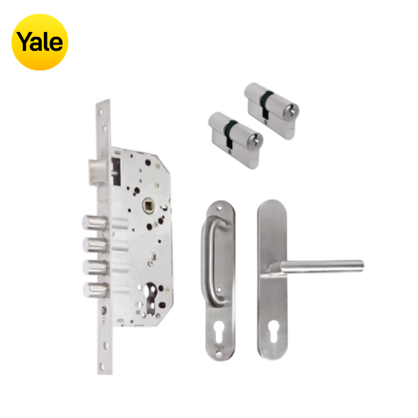 Kit Cerradura de Embutir 4 bulones + Manija Milán con Escudo y Jaladera + Cilindro Llave - Llave (llave de sierra)