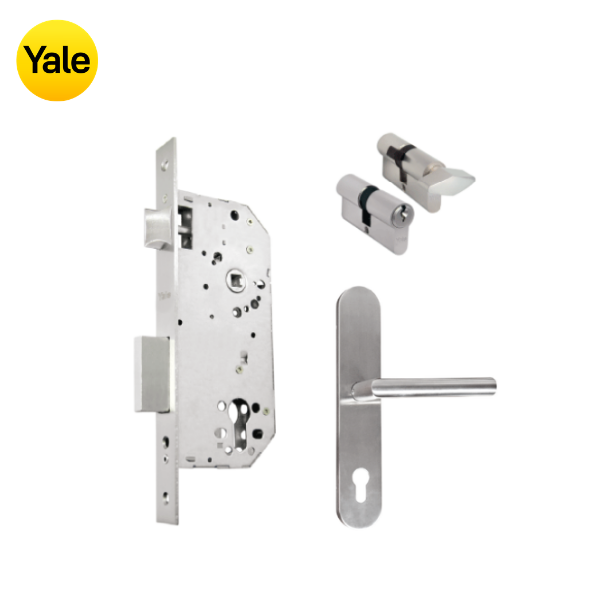 Kit Cerradura de Embutir 50mm + Manija Milán con Escudo + Cilindro Llave - Mariposa (llave de sierra)