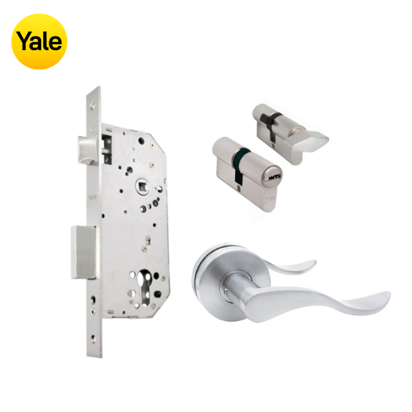 Kit Cerradura de Embutir 50mm + Manija Aston + Cilindro Llave - Mariposa (llave plana)