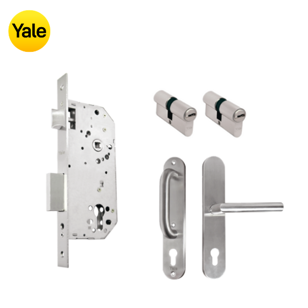 Kit Cerradura de Embutir 50mm + Manija Milán con Escudo y Jaladera + Cilindro Llave - Llave (llave plana)