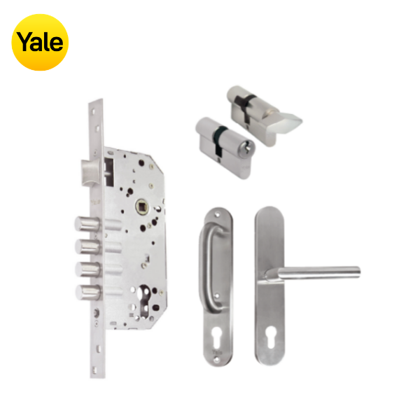 Kit Cerradura de Embutir 4 bulones + Manija Milán con Escudo y Jaladera + Cilindro Llave - Mariposa (llave de sierra)