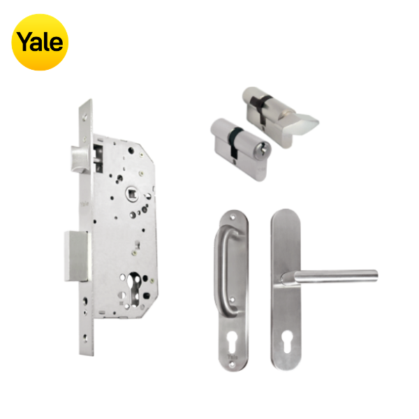 Kit Cerradura de Embutir 50mm + Manija Milán con Escudo y Jaladera + Cilindro Llave - Mariposa (llave de sierra)