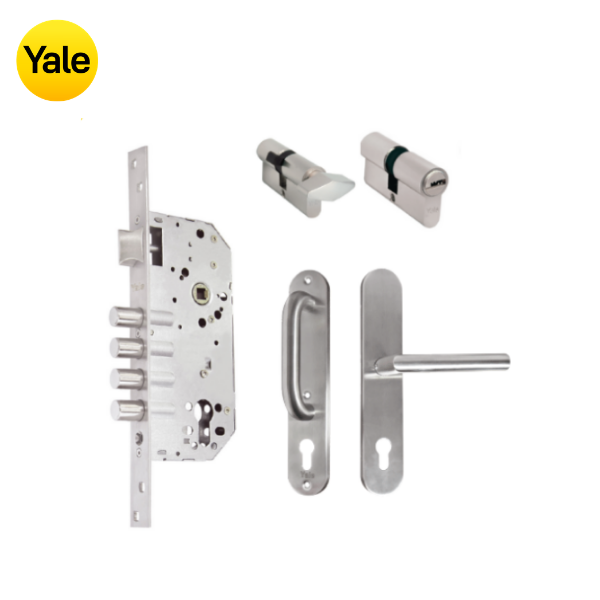 Kit Cerradura de Embutir 4 bulones + Manija Milán con Escudo y Jaladera + Cilindro Llave - Mariposa (llave plana)