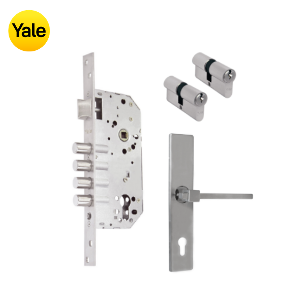 Kit Cerradura de Embutir 4 bulones + Manija Turín con Escudo + Cilindro Llave - Llave (llave de sierra)