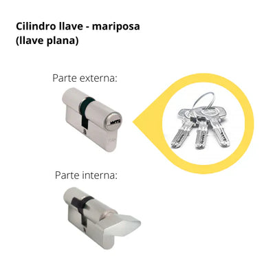 Kit Cerradura de Embutir 4 bulones + Manija Turín con Escudo + Cilindro Llave - Mariposa (llave plana)