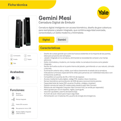 Cerradura Digital de Embutir Gemini + kit yale connect