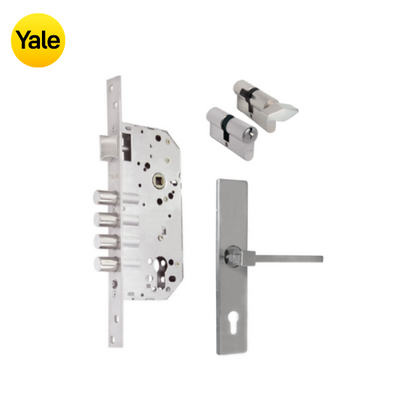 Kit Cerradura de Embutir 4 bulones + Manija Turín con Escudo + Cilindro Llave - Mariposa (llave plana)